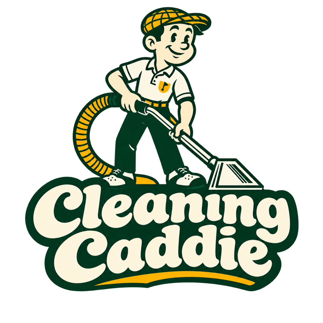 Cleaning Caddie furniture cleaning logo with the caddie mascot holding a cleaning wand